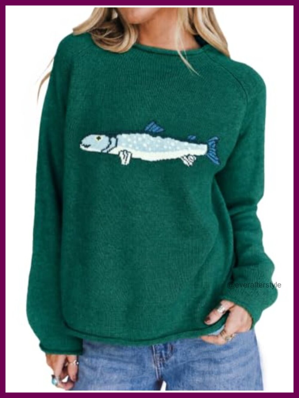 Oversized Fish Graphic Knit Pullover Roll Neck Sweater
